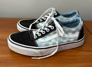 Vans Old Skool Lace Up‎ Sneaker Blue White Black Checkerboard Suede Toe Skate W8 thumbnail 1