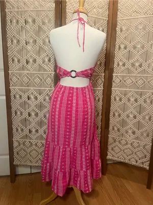 Zara Hot Pink Halter-Style Maxi Dress with White Print thumbnail 3