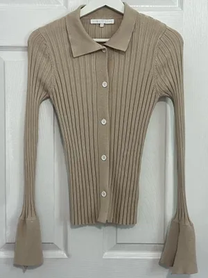 More To Come Ribbed Knit Collared Cardigan Top Beige Revolve Bell Sleeve S thumbnail 2