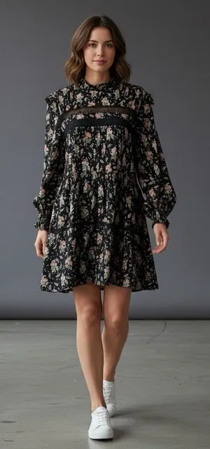 Pilcro Anthropologie NWT Large Long‎ Sleeve Mock Neck Swing Mini Dress Floral thumbnail 1