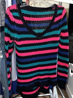 Rue21 Black V-Neck Sweater with Pink, Teal & Navy Stripes thumbnail 2