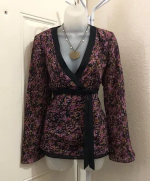 Black purple floral silky poly wrap style top blouse shirt long flare sleeves vneck belted tie back office siren #whimsygoth #coquette #grunge #goth #hippie thumbnail 1