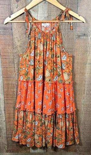 Chelsea & Violet Orange Mixed Floral Tie Shoulder Tiered Mini Dress Medium thumbnail 1