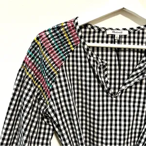 Madewell Smocked Black & White Checkered Gingham Tassel Top with Embroidery S thumbnail 4