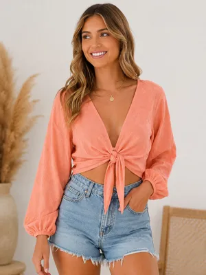 American Eagle Outfitters Coral Tie-Front Long Sleeve Crop Top thumbnail 1
