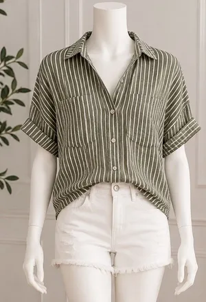 Zara Women Button Down Shirt Olive Green White Striped Cuffed Sleeve Size XS thumbnail 1
