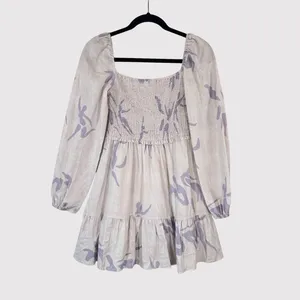 Aritzia Babaton Dress Gray Mini Floral Organic Linen Smocked Babydoll Boho Small thumbnail 2
