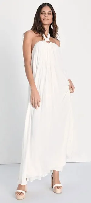 Lulus Corfu Charm Ivory O-Ring Halter Maxi Dress White Beachy Flowy Medium thumbnail 1