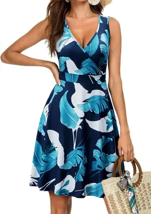 Guberry Blue Floral Tropical Palm Leaf V-Neck Sleeveless Sundress Extra Large thumbnail 1