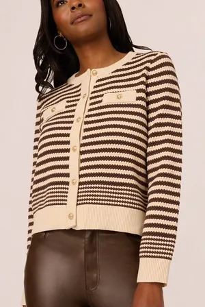 NWT Adrianna Papell Button Front‎ Striped Pointelle Cardigan Sweater Cream Brown thumbnail 1
