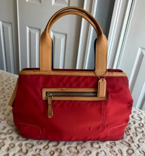 Coach Hampton Red Nylon Tote with Tan Leather Strap Handbag Women's thumbnail 3
