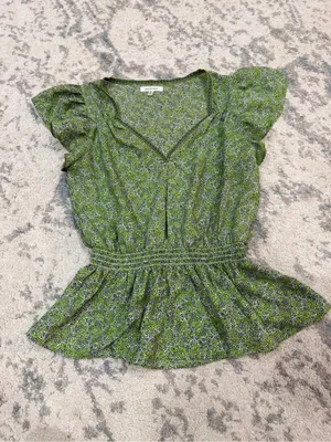 Max Studio Green Floral Peplum Top V-Neck Puff Sleeve XS thumbnail 2