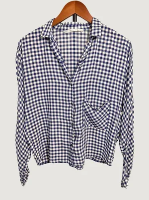 Zara Trafaluc Navy Blue Gingham Check Button Down Shirt Long Sleeve Medium thumbnail 1