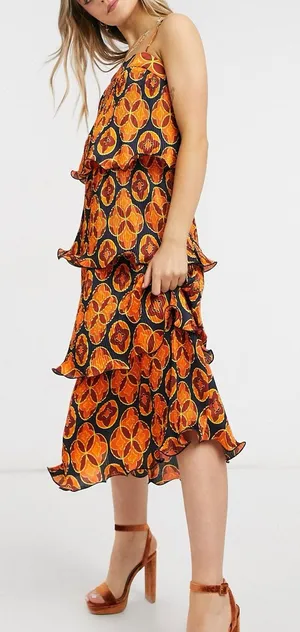 Never Fully Dressed Geometric Tiered Frill Midaxi Dress 10 Orange Transitional thumbnail 1