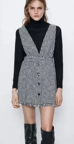 Zara Black White Tweed Button Front Sleeveless Pinafore Vest Mini Dress Size S thumbnail 1