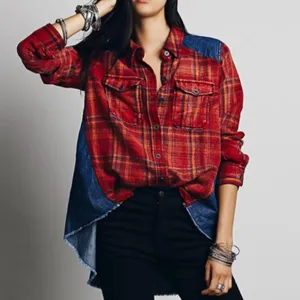 Free People Runaway Plaid & Denim Mixed Media High Low Button Down Shirt M thumbnail 3
