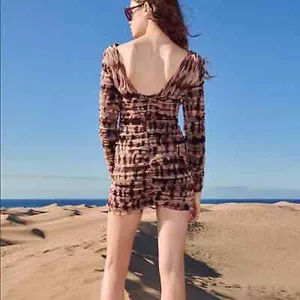 Zara Draped Tulle Mini Dress Brown Women's‎ Size XS Long Sleeve V-Neck thumbnail 4