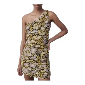 Zara Floral One Shoulder Ruched Mini Dress Size‎ M Yellow Purple Metallic NWT thumbnail 11