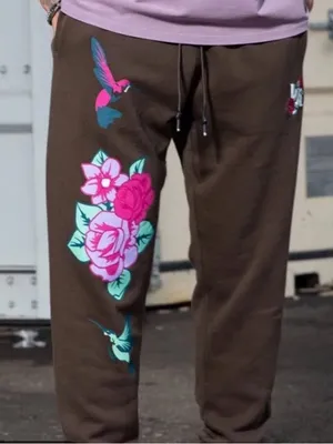 YOUNGLA 203 Zen Joggers Brown Wash Floral Hummingbird XL thumbnail 1