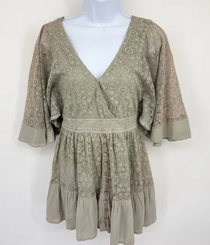 Mable Lace Romper Womens SM Sage Green Boho Bell Sleeve Vacation Cottagecore‎ thumbnail 1