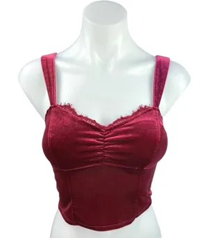 Abercrombie & Fitch Red Velvet Velour Sweeheart Cinched Smocked Crop Top Size XS thumbnail 1