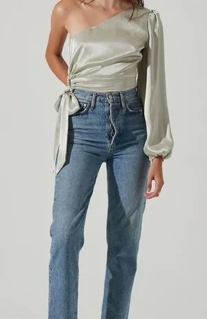 ASTR The Label Women's One Shoulder Side Tie Long Sleeve Top Green Satin Size L thumbnail 2