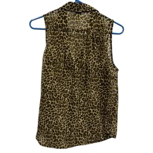 Wet Seal Animal Print Button Up Sleeveless Semi Sheer Pocket Blouse Top Womens L thumbnail 5