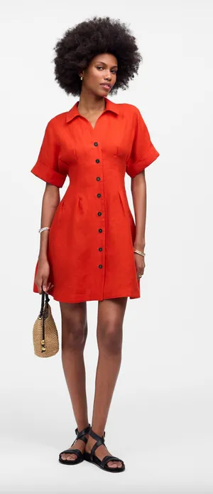 Madewell The Perry Mini Shirtdress 100% Linen Bright Flame Minimalist XXS NWT thumbnail 1