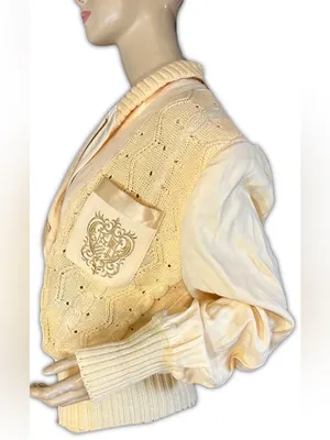 Side Effects Vintage 1990'S Yellow Cream Embroidered V Neck Pullover Sweater (M) thumbnail 6
