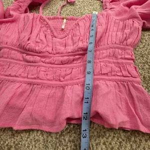 Free People Blouse Women M Pink Smocked Puff Sleeve Boho Top Festival Barbiecore thumbnail 11