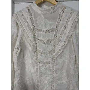 Ultra Pink White Embroidered Lace Victorian Mock Neck Cotton Blouse Top Medium thumbnail 13