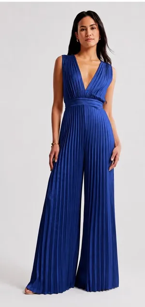 Abercrombie & Fitch Giselle Pleated Satin Jumpsuit Navy Blue XXSP Wide Leg thumbnail 1