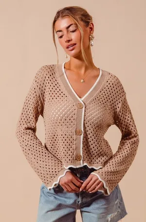 SO‎ ME Open Knit Light Weight Sweater Cardigan With Contrast Wavy Scallop Edge L thumbnail 1