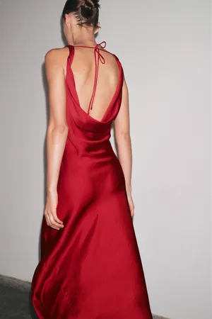 Zara Elegant Red Satin Long Dress Evening Party Gown thumbnail 6