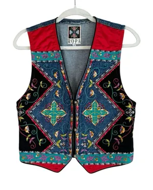 Vintage Hairston Roberson ROPA Denim‎ Vest Women's Small Floral Embroidery USA thumbnail 1