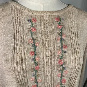 Cottage Essentials Embroidered Floral‎ Sweater Beige Ramie Cotton M Vintage thumbnail 2