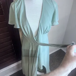 Azazie Zaniah bridesmaid dress Sea Glass green wrap chiffon flutter sleeve A4 thumbnail 6