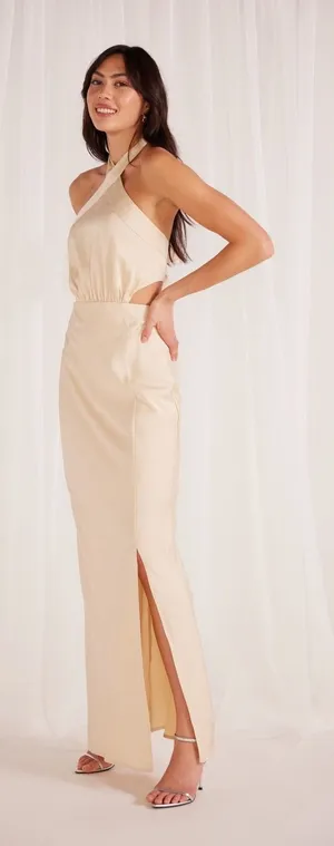 MINKPINK NWT Finley Halter Gown With‎ Split Champagne Beige Maxi Dress Medium thumbnail 1
