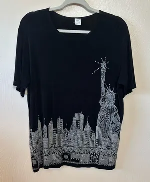Vintage Womens New York City Shirt Top Rhinestone Bling Applique‎ Black Size L thumbnail 1