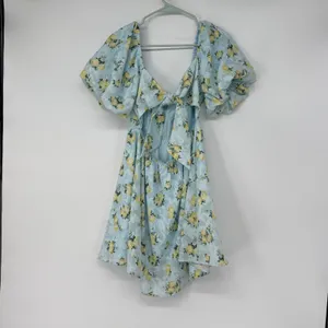 Altar'd State Blue Yellow Floral Puff Sleeve Tie Back Mini Dress Medium Coquette thumbnail 2