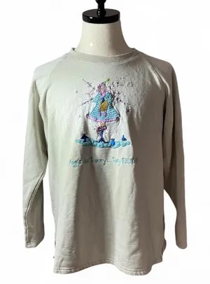 Vintage Embroidered‎ Fairy Novelty Winter Girl Crewneck Sweatshirt Holiday Scene thumbnail 1