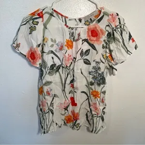 Loft Women's Size‎ Small Floral Button Back Blouse White Flutter Sleeve Flowy thumbnail 4