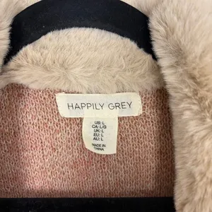 Happily Grey Long Cardigan Faux Fur Neckline Pink Tan Elevated Indie Glam Large thumbnail 3