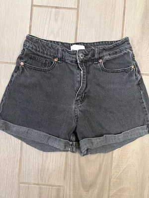 H&M Washed Gray Paperbag Denim Shorts thumbnail 2