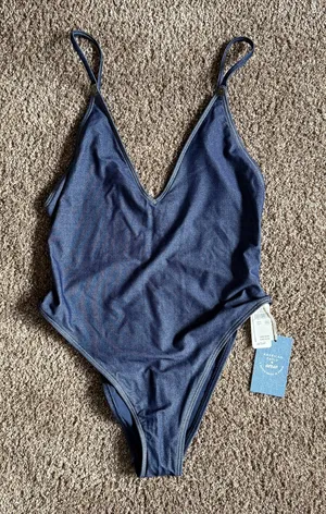 Aerie Swim | Aerie Nwt Match Made In Denim Plunge Cheekiest One Piece Swimsuit; Size S | Color: Blue thumbnail 1
