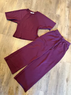 Pull&Bear 2-Piece Soft touch short sleeve sweatshirt and Pants Set Eggplant S thumbnail 2