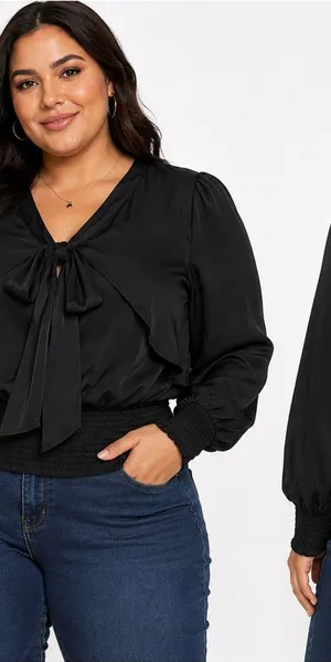 Plus-Size Black Tie-Neck Blouse with Smocked Waist thumbnail 1