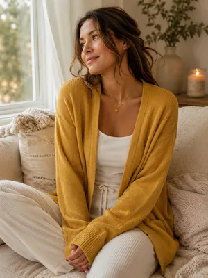 A New Day Mustard Open Front Cardigan Sweater S Lightweight Duster Cozy Layering thumbnail 1