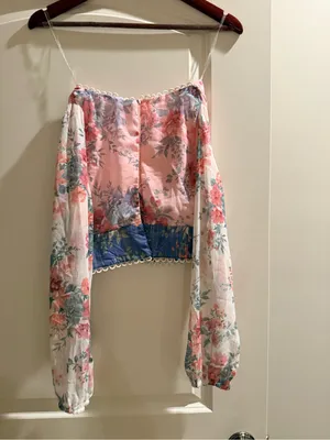 Altar'd State Pink and Blue Floral Lace-Trim Cropped Top thumbnail 6