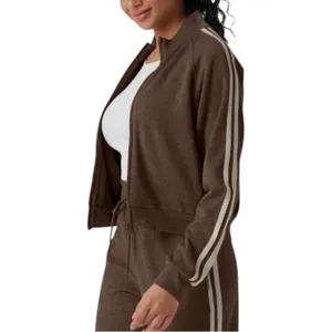 Halara Brown Ribbed Stand Collar Zip Track Jacket with Taupe Stripes NWOT M thumbnail 2